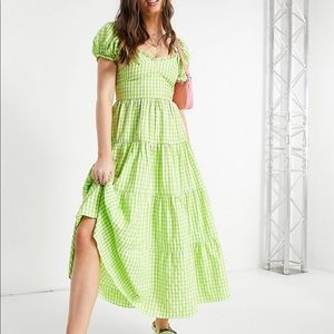 Stradivarius milkmaid poplin dress with puff sleeves in green gingham // size M